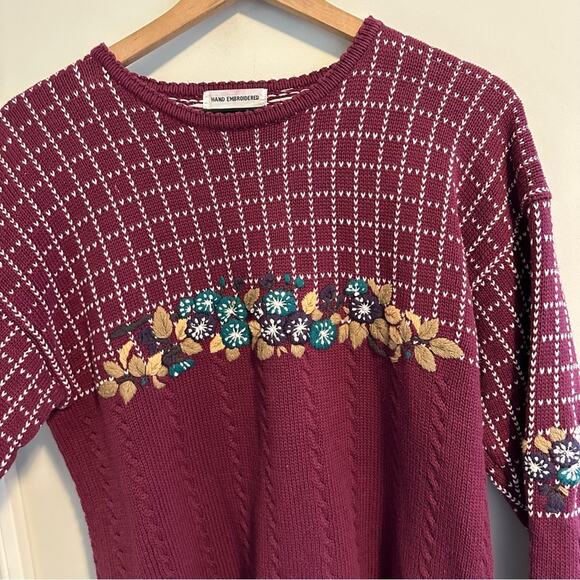 Vintage Izod Club Maroon Floral Embroidered Cotton Sweater Large - Picture 8 of 13